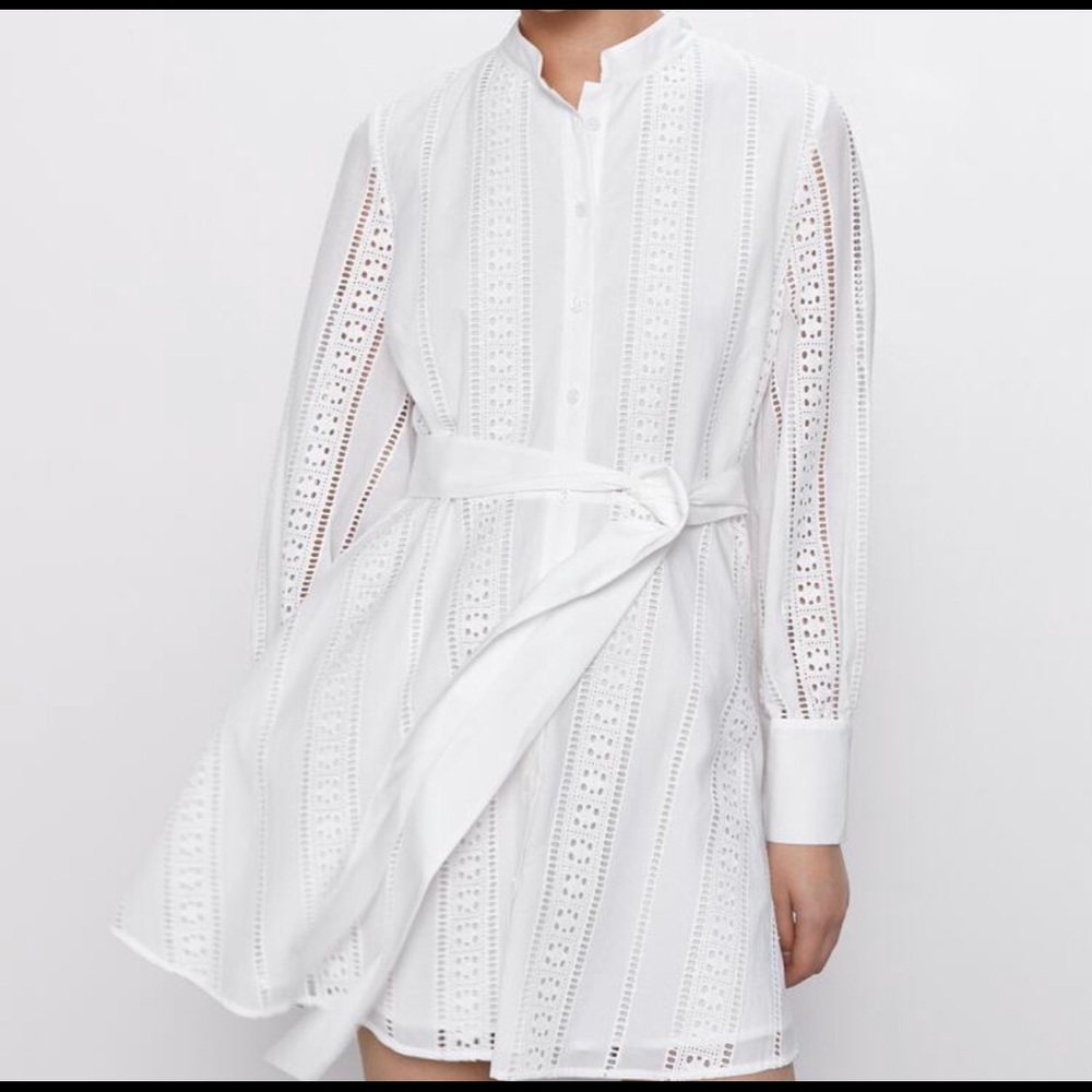 NWT Zara White Long Sleeved Embroidered Mini Dress